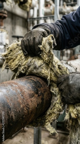 Industrial Maintenance Expert Applying Thermal Insulation to Aged Metal Piping in a Mechanical Facility Setting