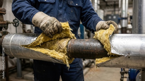 Industrial Technician Performing Pipe Insulation Maintenance and Thermal Repair Work for Energy Efficiency Optimization