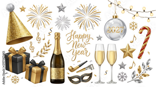 New Year s Eve Collection With Fireworks Champagne And Party Favors