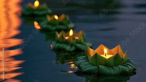 Four lit krathongs floating in a line on calm water at dusk