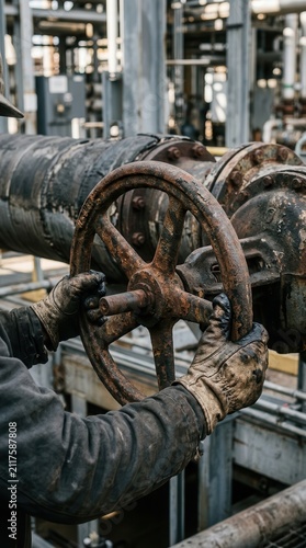 Technician Operating a Weathered Metal Valve in a Heavy Manufacturing Facility
