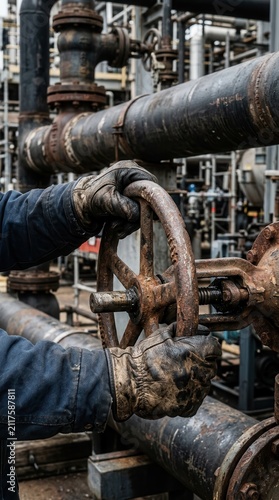 Worker Operating a Heavy-Duty Manual Valve within a Complex Petrochemical Refinery Infrastructure Setting