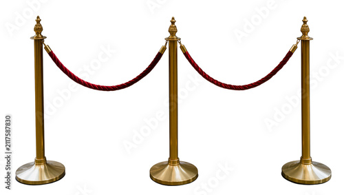 Quadro su tela Golden stanchions with red velvet ropes, isolated on transparent background