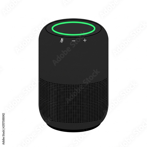 A flat vector illustration of a modern black smart speaker device featuring a glowing green notification light isolated on a white background

