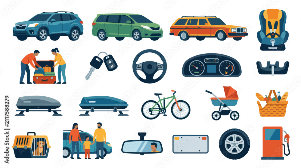 Fototapeta premium Flat Vector Automotive and Travel Icons Set: Cars, Vehicle Parts, Family Trip Accessories Collection