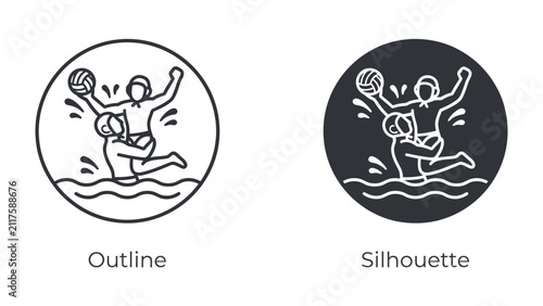 Bild auf Leinwand Water Polo Icon: A minimalist illustration depicting two water polo players in action, one with a ball, the other reaching out, with water splashes, presented in both outline and silhouette styles