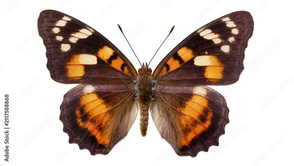 Obraz premium Detailed brown and orange butterfly with white spots, isolated on transparent background