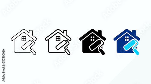 Set of house painting icons with roller tool in various styles for home renovation and construction industry services