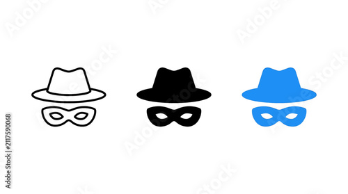 Принти на полотні Incognito mode and anonymous user icon set featuring a fedora hat and eye mask f