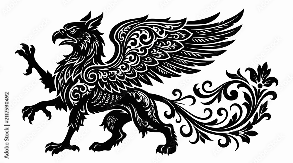 Fototapeta premium Heraldic griffin vector artwork featuring intricate floral swirl wing details and sharp claws. Black and white mythical creature illustration designed for coats of arms, tattoos, logos, laser cutting