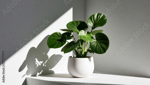 Green houseplant with large glossy leaves in a white ceramic plant on a shelf under sunlight