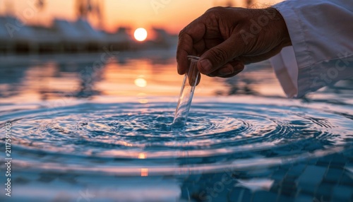 Hand collecting water sample at sunset from body of water with urban