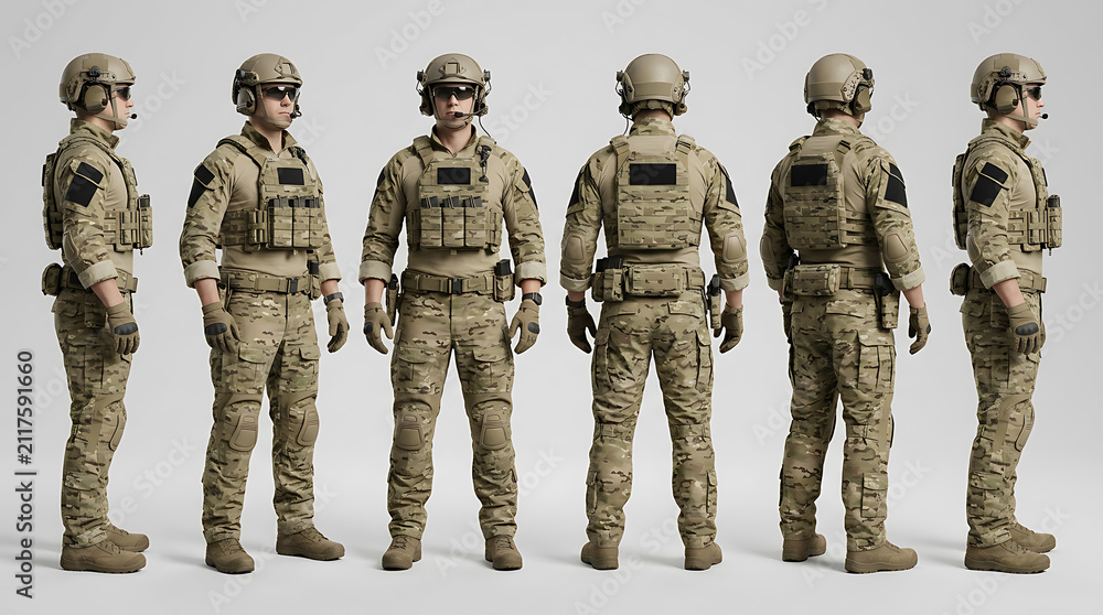 Fototapeta premium group of soldiers in tactical gear standing in formation against a plain background