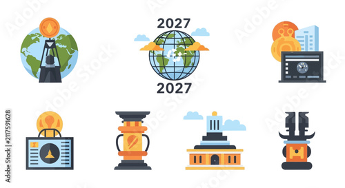 Global Future Economy and Technology Vector Icon Set featuring 2027 Globe Cryptocurrency Energy and Government Symbols