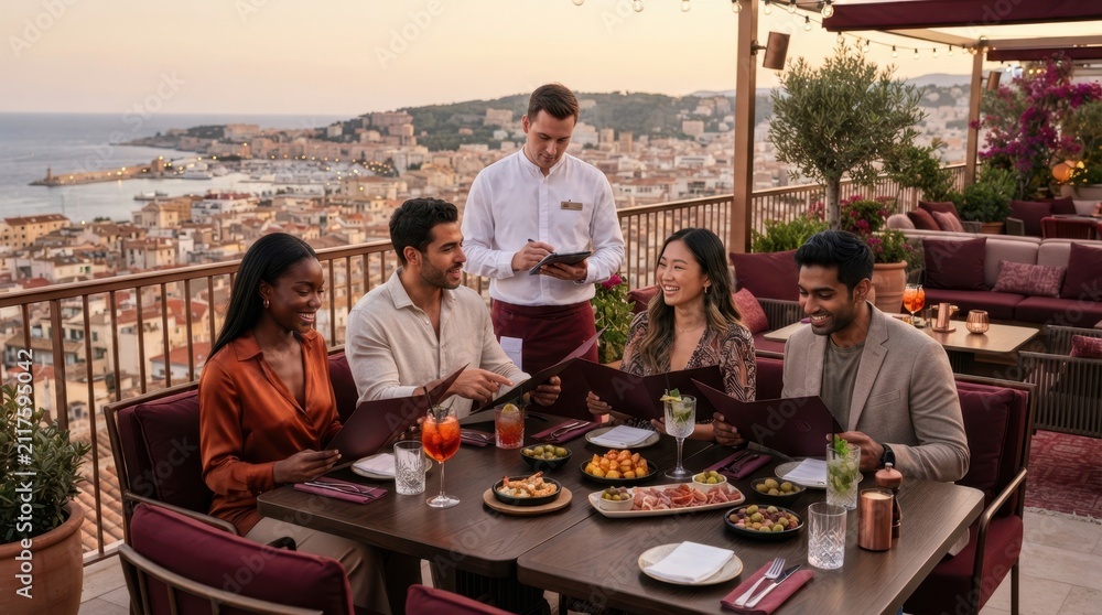 Obraz premium Friends enjoying rooftop dining with scenic city and sea views at sunset