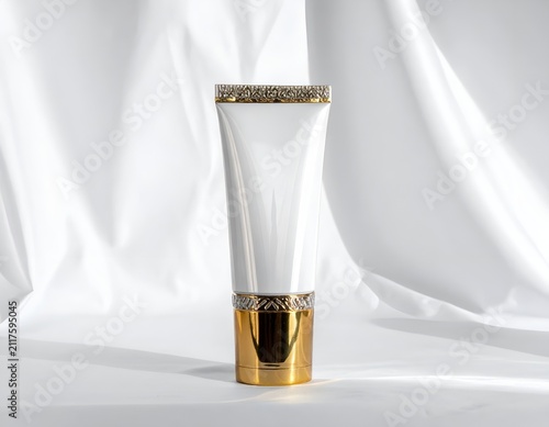 Blank White Cosmetic Tube with Gold Decorative Cap on Satin Fabric Background