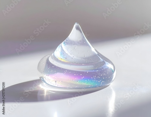 Clear Cosmetic Gel Drop with Iridescent Glitter Particles on White Surface
