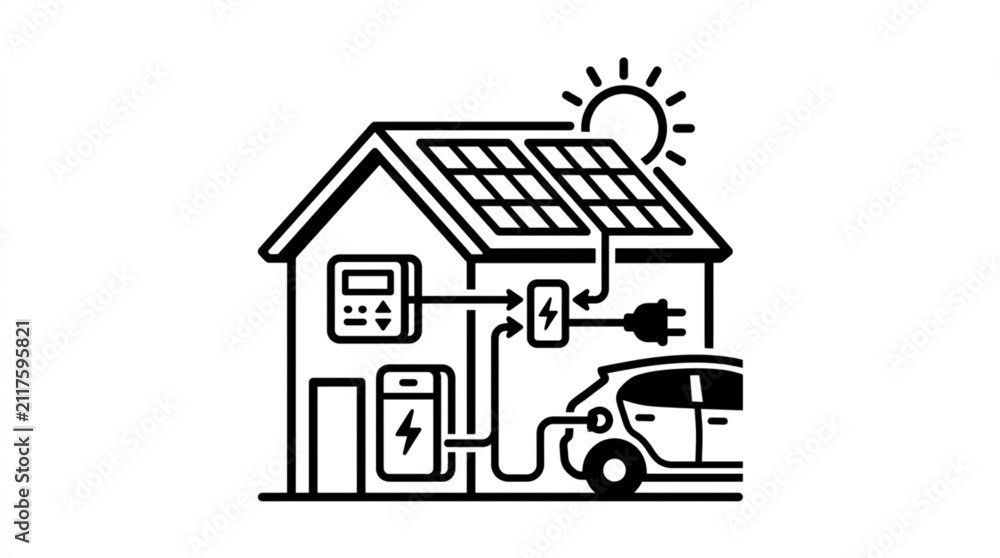 Fototapeta premium House with solar panels charging electric car illustration.