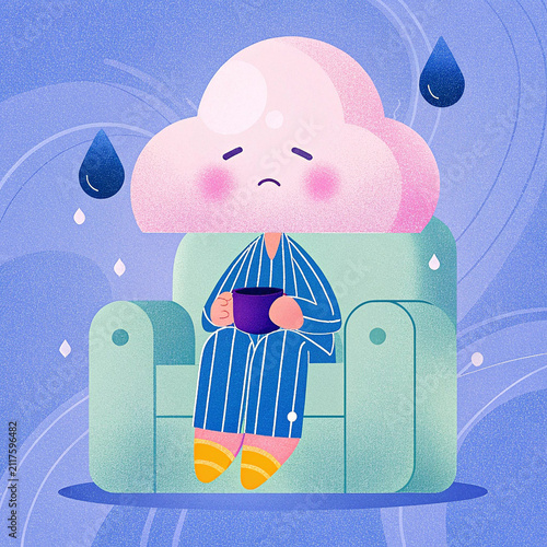 Sad Rain Cloud Character Sitting on a Couch – Mental Health Flat Vector Illustration