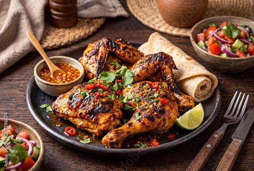 Delicious Tanzanian Kuku Choma grilled chicken served with chili butter, flatbread, and fresh salad.