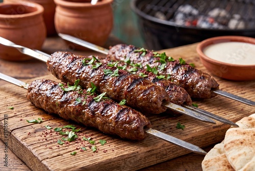 Delicious Grilled Egyptian Kofta Kebab Skewers Served on a Rustic Wooden Board with Pita Bread
