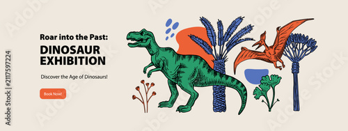 Hand drawn dinosaur illustration. Vector sketch isolated prehistoric animals. Historical museum exhibition design poster