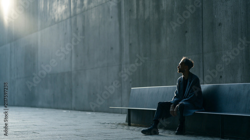 Man Sitting Alone on Bench in Urban Space