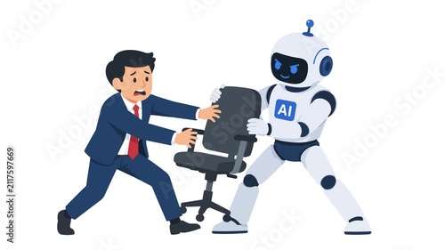 Animated businessman and AI robot fighting over an office chair. Concept of artificial intelligence replacing human jobs and career threat.
