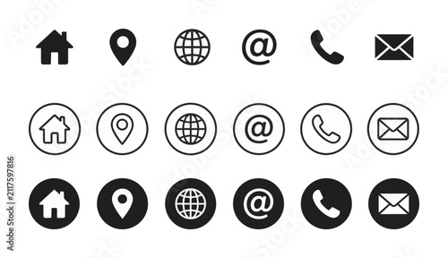 A set of twelve black icons representing home, location, website, email, phone, and mail contact details in both outline and circular filled styles, ideal for business cards, websites, and contact pag