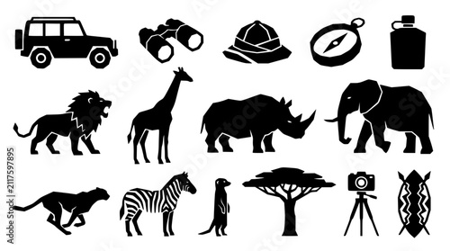 Canvastavla African Safari Adventure Icon Set Featuring Wild Animals Silhouettes, Offroad Ve