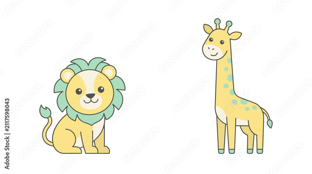 Obraz premium Lion and giraffe characters are depicted in this simple vector illustration of friendly zoo animals.