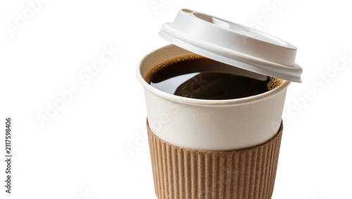 Paper coffee cup with brown sleeve and white lid filled with dark coffee, isolated on transparent background