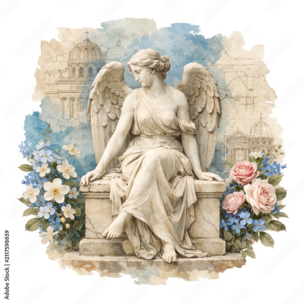 Fototapeta premium Classical angel statue with wings, surrounded by flowers and architecture.