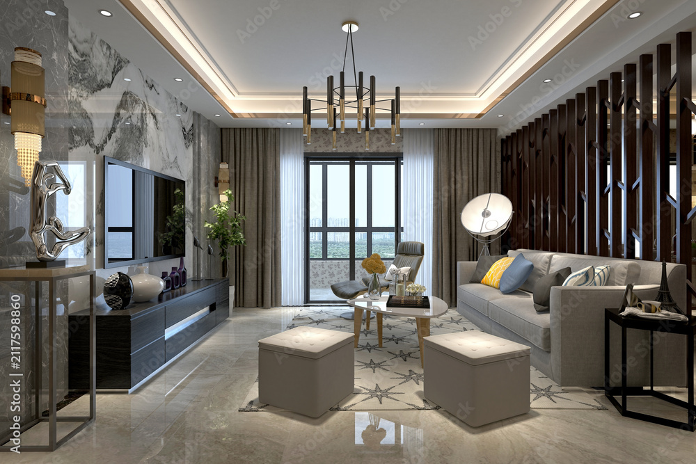 Obraz premium 3d render modern living room and dining room interior