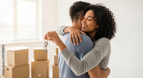 Happy couple hugging with cardboard boxes perfect for moving to new house real estate property investment and home relocation concept