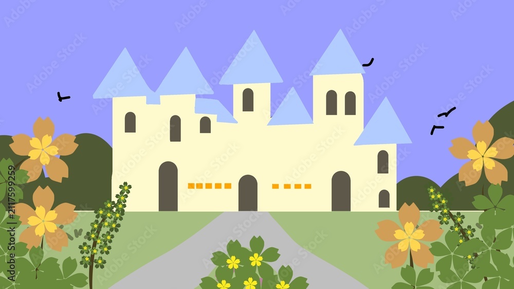 Fototapeta premium Digital illustration of fairytale white castle with blue spires and towers