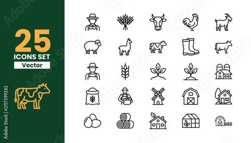 Quadro su tela Set of farming and agriculture linear icons featuring farmer characters livestock such as cow sheep goat chicken barn windmill crops and organic production symbols