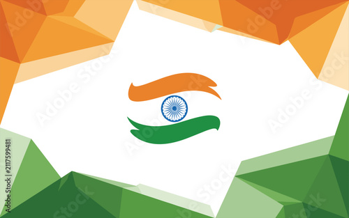Abstract geometric background, with a central, indian flag featuring, triangular shapes in, orange, white, and, green colors
