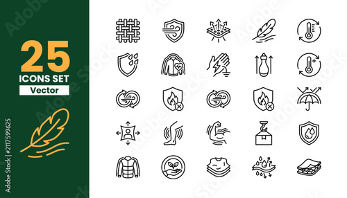 Foto Set of twenty five line art icons for textile features and technical fabric properties including moisture wicking breathability and waterproof performance gear