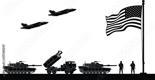 Принти на полотні Black silhouette landscape of United States military forces featuring soldiers, tanks, fighter jets, missile launcher, and waving American flag