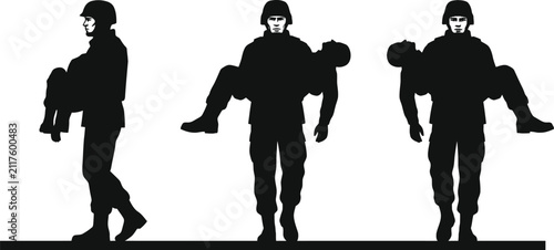 Принти на полотні Black silhouette illustration of a brave military soldier carrying an injured comrade on his shoulders during a rescue mission