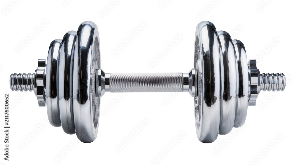Fototapeta premium Chrome adjustable dumbbell with multiple weight plates, isolated on transparent background