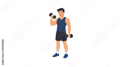 Animated muscular man lifting dumbbells. Concept of fitness, gym workout, bodybuilding, healthy lifestyle, and exercise. Isolated background.