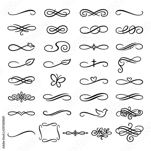 Obraz na płótnie Set of vintage calligraphy text dividers, ornamental flourish swashes, decorative page borders, and curlicue line flourishes vector collection for wedding invitation design