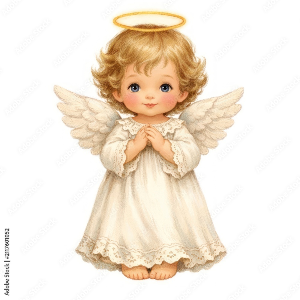 Fototapeta premium Illustration of a cute angelic child with wings and a halo, in a white gown.