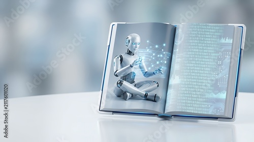 Plakat w ramie Introduction to Artificial Intelligence book. 3d rendering. Artificial Intelligence concept. Opened digital book introducing AI with binary code page. 3d rendering. robot introduction to artificial