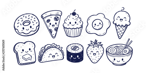 cute kawaii food fast food dessert element collection doodle icon set vector illustration
