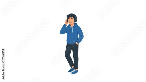 Animated casual young man listening to music using headphones and smartphone on white background. Concept of audio, podcast, and relaxing