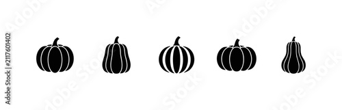Konstfotografi Silhouettes of various pumpkins and gourds in black on white background