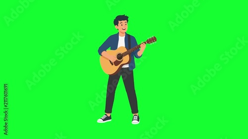Animated man playing acoustic guitars happily. Concept of music, band, hobby, and entertainment. Isolated on white and green screen.